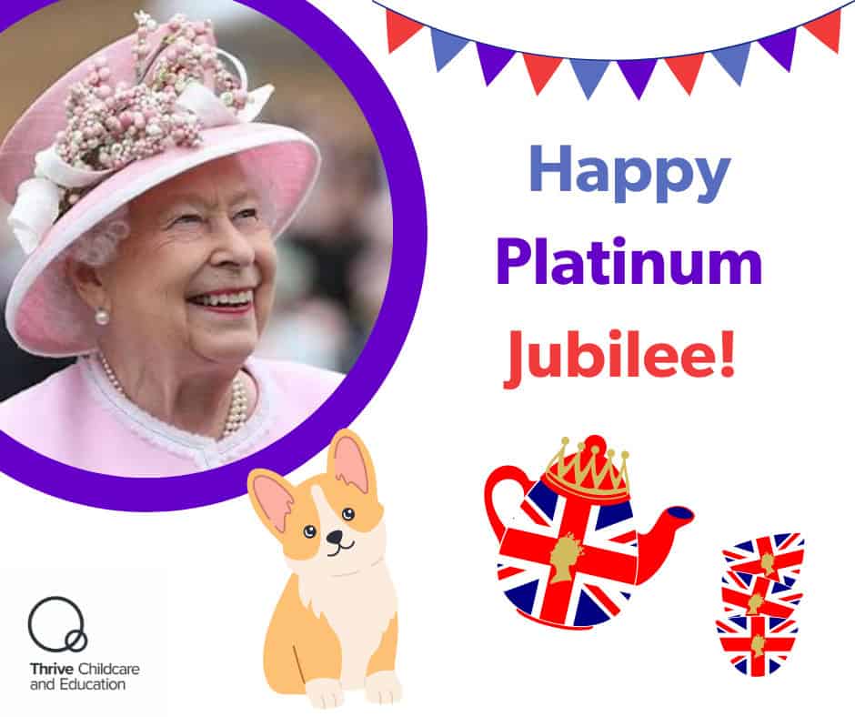Queen Elizabeth II celebrating Jubilee, with British flags, a corgi dog, and colourful bunting. Perfect for child-friendly Jubilee celebrations and uplifting theme, ideal for Thrive Childcare's community engagement content.