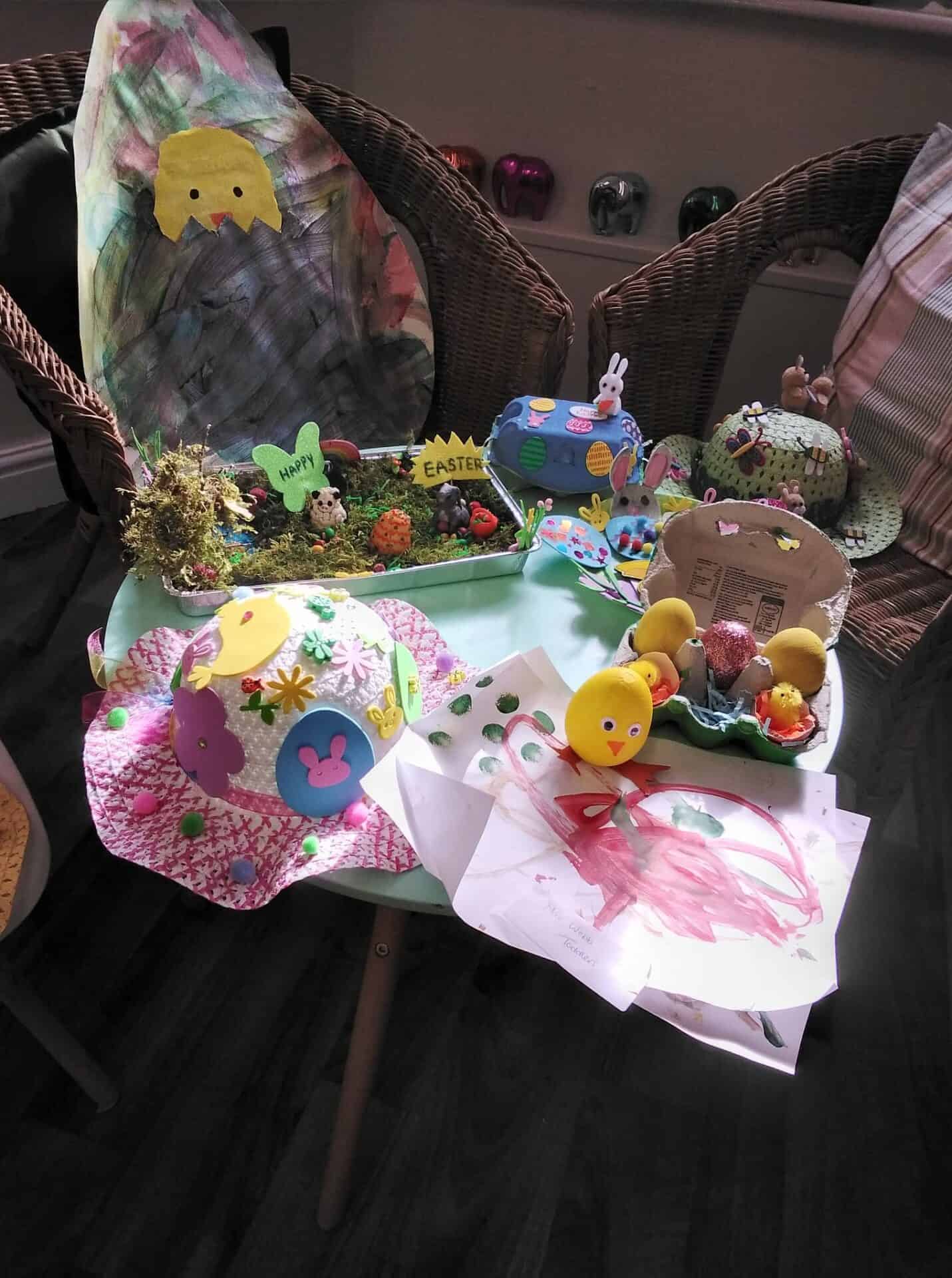 Colourful Easter-themed children's crafts with decorated eggs, bunny illustrations, and spring decorations for toddler care and early childhood education.