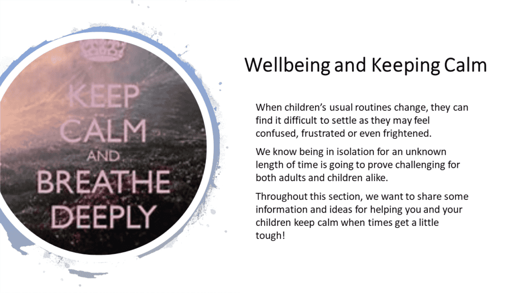 Calm and breathe deeply infographic promoting children’s wellbeing and coping strategies in child care environments.