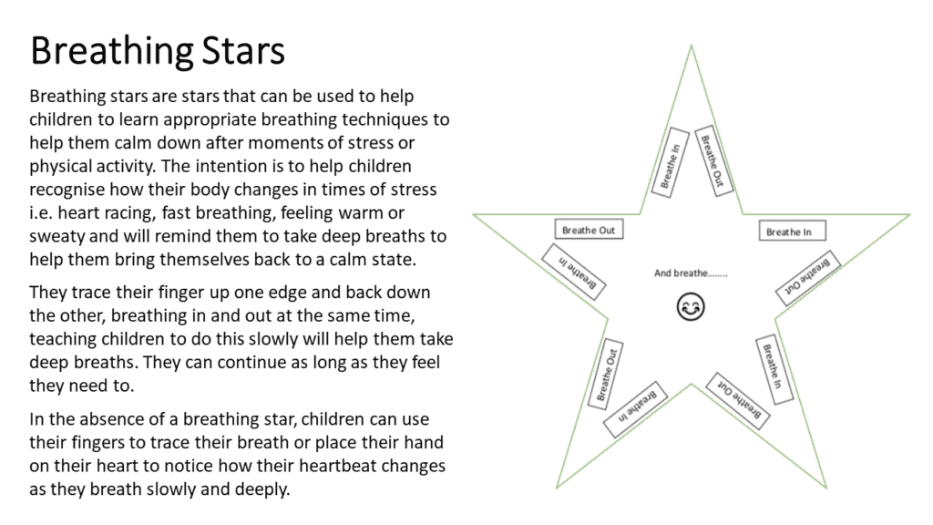 Calm children with breathing stars relaxation technique at Thrive Childcare, promoting stress management and emotional wellbeing through mindful breathing exercises.