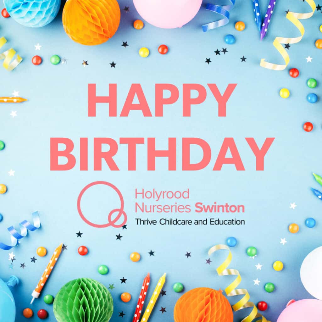 Bright colourful birthday celebration image with balloons, confetti, and party decorations at Thrive Childcare. Perfect for conveying a joyful children's birthday event focused on early childhood education.