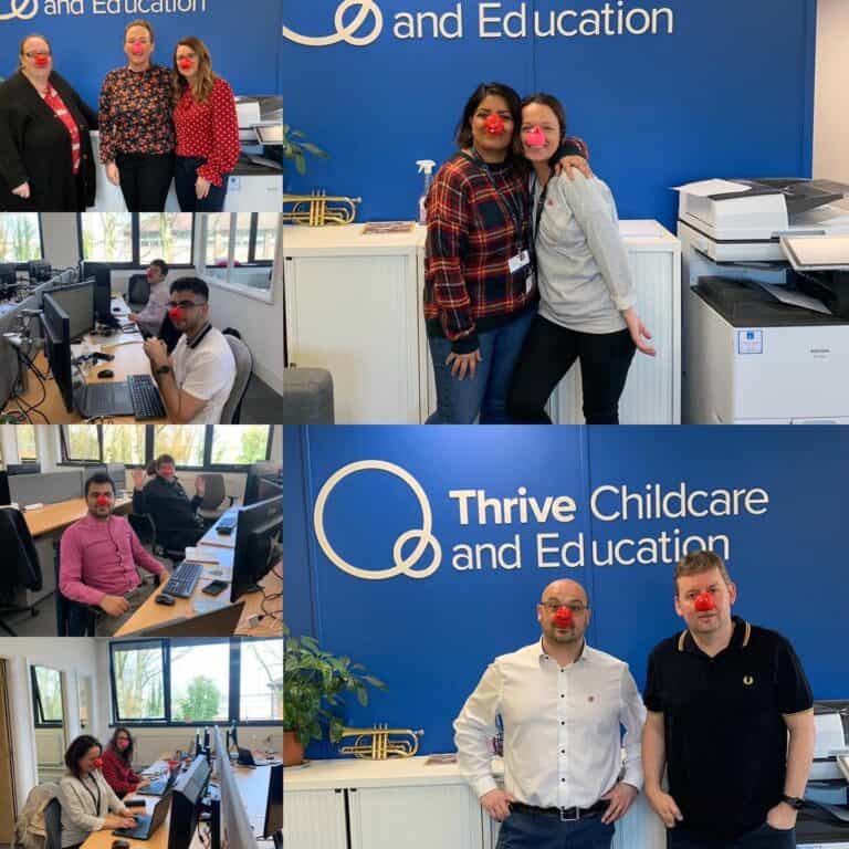 Happy team at Thrive Childcare office, staff wearing clown noses, working and celebrating in professional environment, symbolising joy, teamwork, and positive culture at Thrive Childcare.
