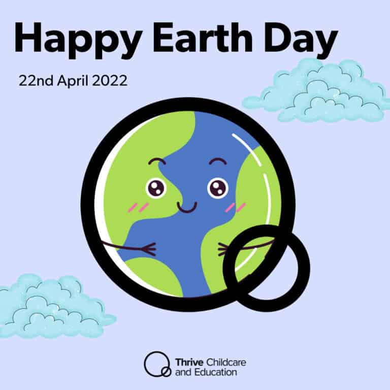 1. Happy Earth Day illustration featuring a cartoon Earth with a smiling face and rings, celebrating environmental awareness on 22nd April 2022, for childcare and educational website.