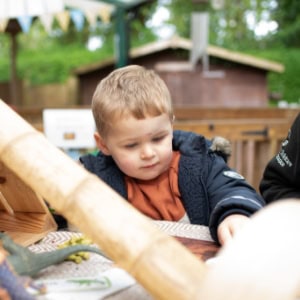 Bright young child engaging in outdoor learning activities at Thrive Childcare, promoting early childhood development and outdoor play in a safe, nurturing environment.
