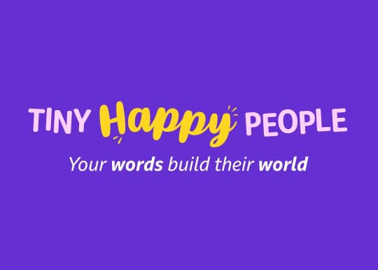 Bright purple background featuring the Thrive Childcare logo and the slogan "Tiny Happy People: Your words build their world," emphasising early childhood development and nurturing care.
