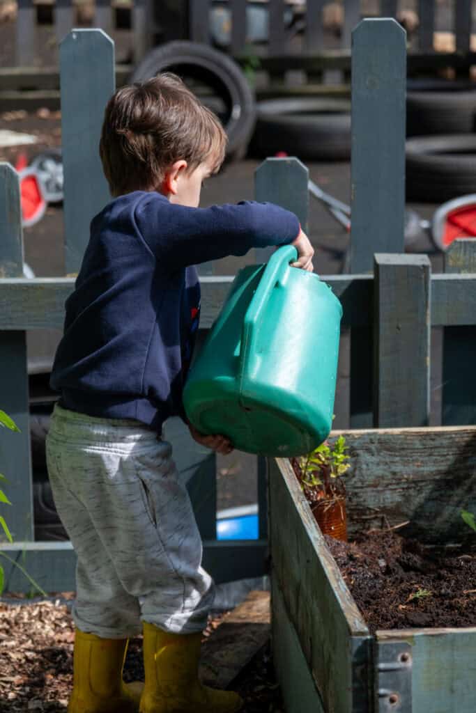 Watering young plants in a childcare garden, promoting outdoor learning and environmental awareness at Thrive Childcare.