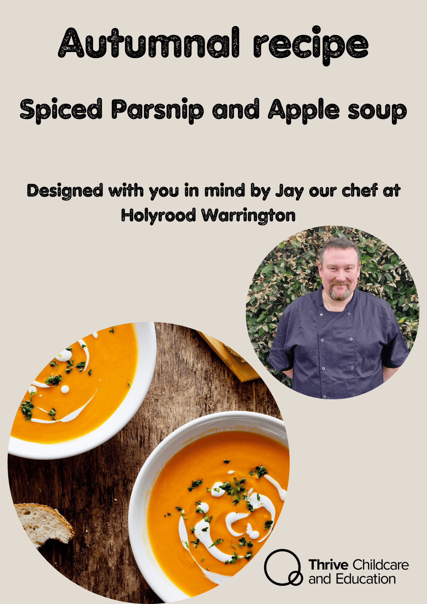 Creamy spiced parsnip and apple soup served in white bowls with garnishes, featuring chef Jay at Holyrood Warrington, showcasing nutritious, homemade meals for children in a childcare setting.