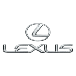 Close-up of Lexus emblem on a luxury vehicle.