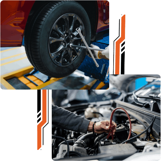 Technicians inspecting car tire and engine for maintenance and repair.