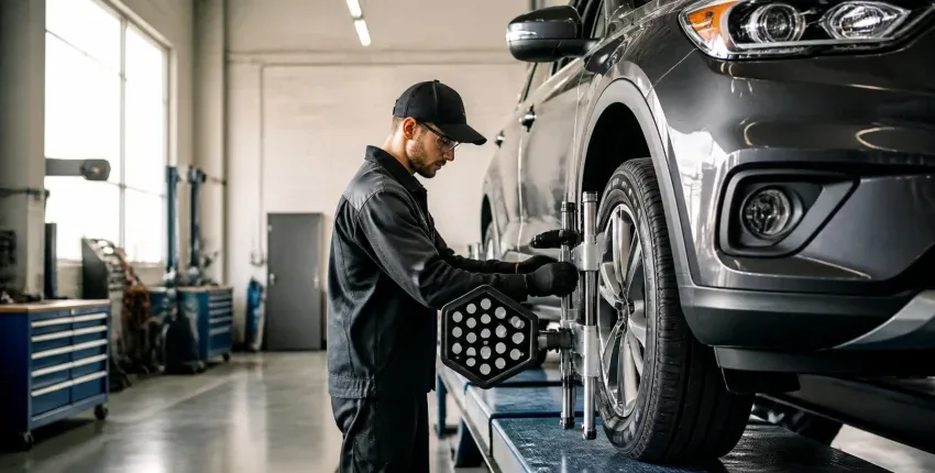 Automotive technician inspecting car wheel in garage.