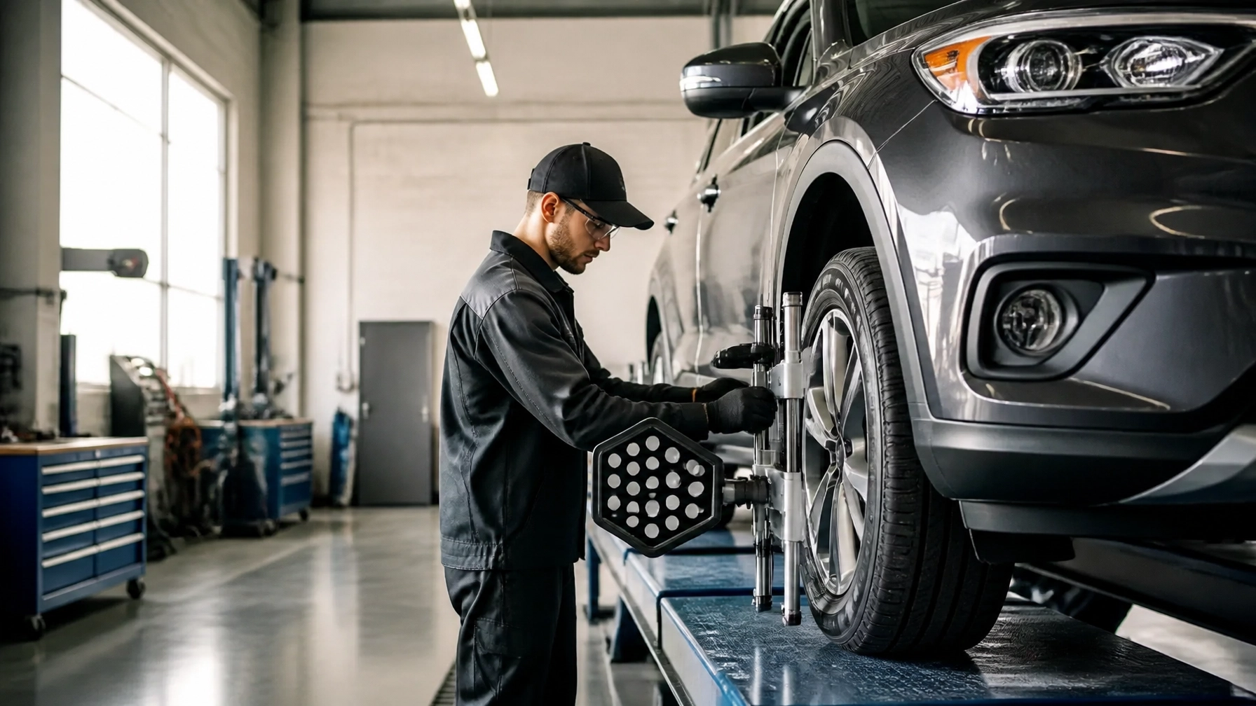 Automotive technician inspecting car wheel in garage.
