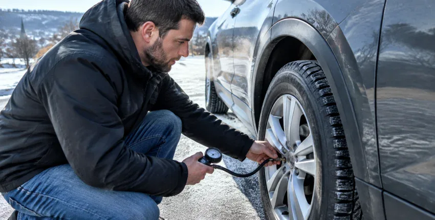 Technician inspecting car tire with a gauge in winter setting.