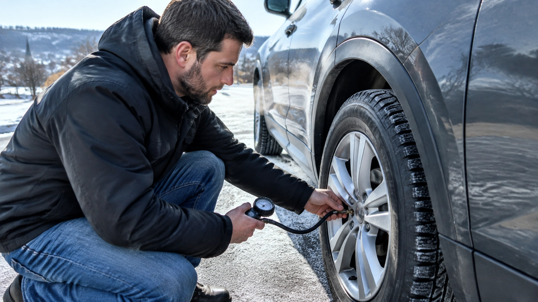 Technician inspecting car tire with a gauge in winter setting.