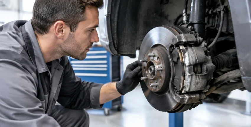 Technician inspecting car brake disc and caliper in auto repair shop.