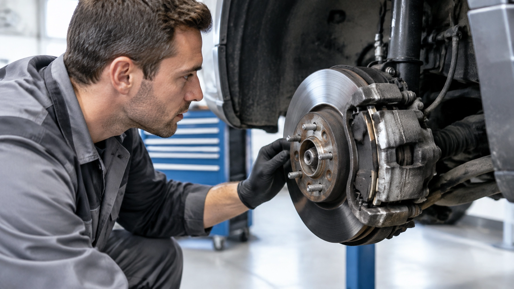 Technician inspecting car brake disc and caliper in auto repair shop.