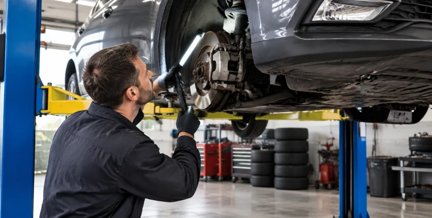 Mechanic inspecting car brake system in auto repair shop.
