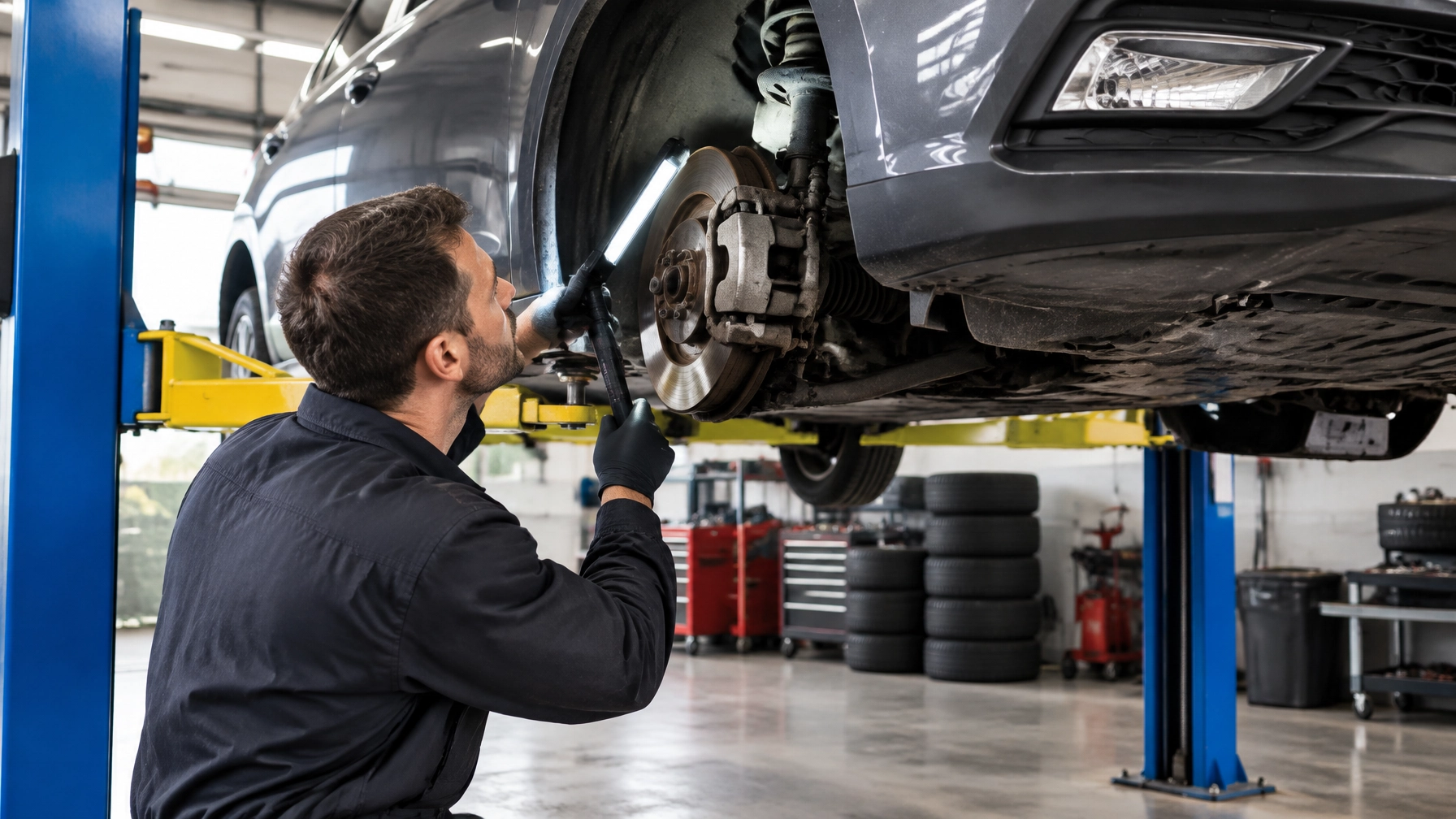 Mechanic inspecting car brake system in auto repair shop.