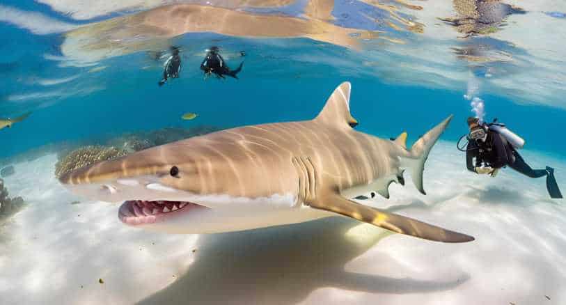 Curious Lemon Shark Approaching Divers in Crystal-Clear Reef Waters