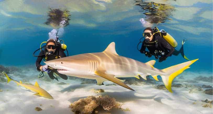 Scuba Divers Swimming with Lemon Shark in Tropical Reef Ecosystem