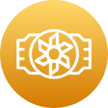 A White Gear Symbol Inside Two Brackets On A Gradient Orange Circle Background.