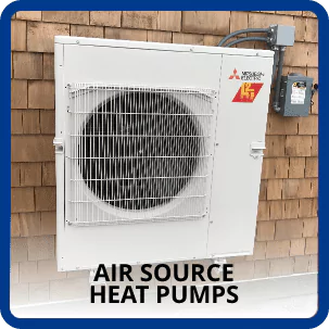 A Large White Air Source Heat Pump From Aa Service Is Mounted On A Wooden Wall, With Its Electrical Components Visible. Text Reads &Quot;Air Source Heat Pumps&Quot; Below The Unit.