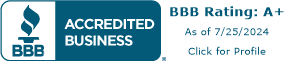 Bbb Accredited Business Badge Displaying An A+ Rating As Of 7/23/2024, With A Link To Click For Profile Details.