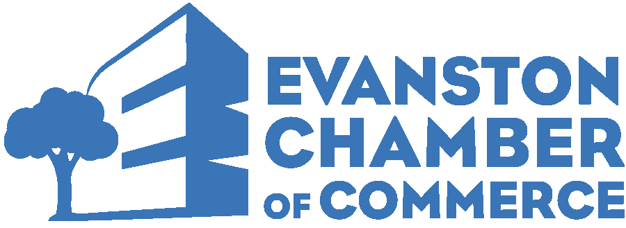 Logo Of Evanston Chamber Of Commerce Featuring A Blue Building, A Tree, And The Text &Quot;Evanston Chamber Of Commerce&Quot; In Blue—A Perfect Visual Introduction To Learn More About Us.