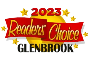 Logo For The 2023 Readers' Choice Glenbrook, Featuring A Red Ribbon With Gold Stars On A Yellow Background.