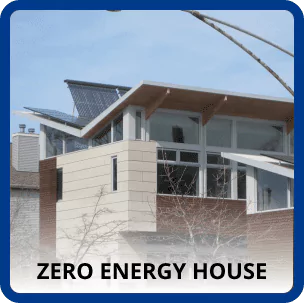 This Modern House, An Exemplar Of Sustainable Living, Is Equipped With Solar Panels Labeled &Quot;Zero Energy House,&Quot; Featuring Large Windows And A Striking Mix Of Light And Dark Exterior Materials. Partnered With Aa Service For Efficiency, It'S A Beacon Of Eco-Friendly Design.