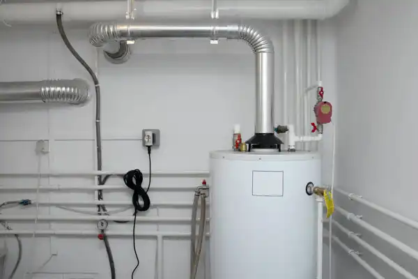 Mechanical room with a white water heater, metal pipes, and a power outlet on the wall. Various tubes and connectors are visible against a plain white background.