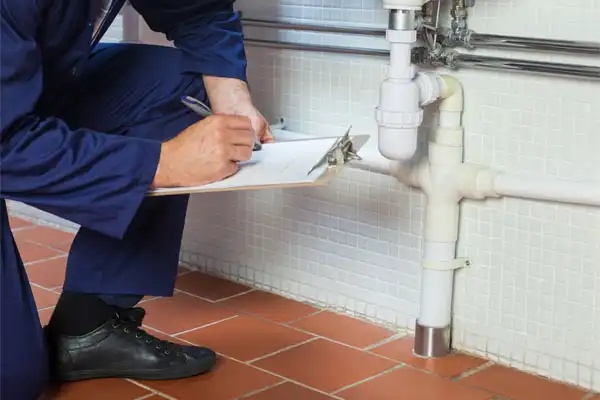 A person in a blue uniform kneels on a tiled floor, meticulously conducting a plumbing inspection service while jotting notes on a clipboard near white pipes on the wall.