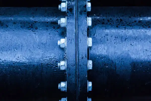 Close-up of a large blue pipe with a bolted joint in the center, showing water droplets on the surface.