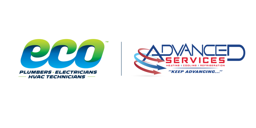 Logos for "eco" and "Advanced Services" featuring text about plumbing, electrical, HVAC, heating, cooling, and refrigeration services.