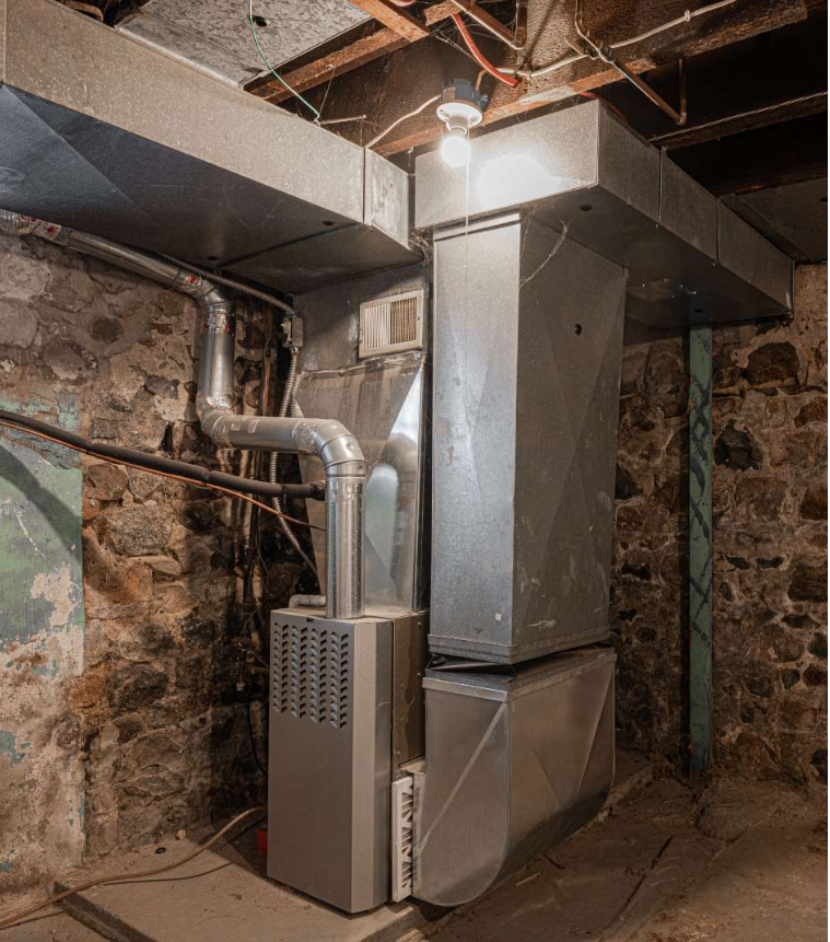 A metal furnace system is expertly installed in a stone-walled basement, illuminated by a single hanging light bulb. It’s the heart of our top-notch Heating Services, with pipes extending seamlessly to the walls and ceiling.