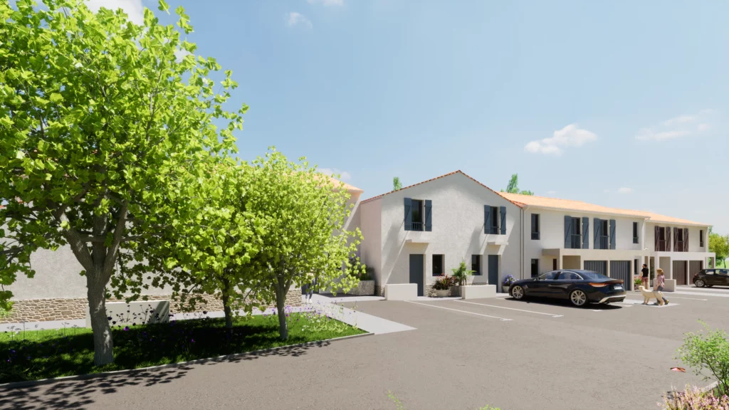 Façade de résidences modernes entourées de verdure, avec un stationnement spacieux et une atmosphère conviviale.