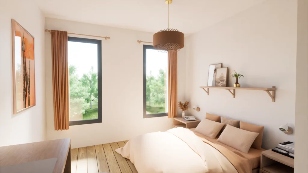 Chambre lumineuse et épurée, décorée de tons chaleureux, avec un mobilier en bois et de grandes fenêtres donnant sur la verdure.