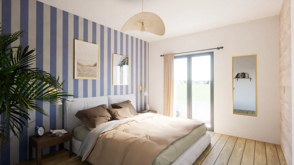 Chambre parentale élégante avec mur à rayures bleues, mobilier en bois, et ouverture sur l'extérieur pour une luminosité optimale.