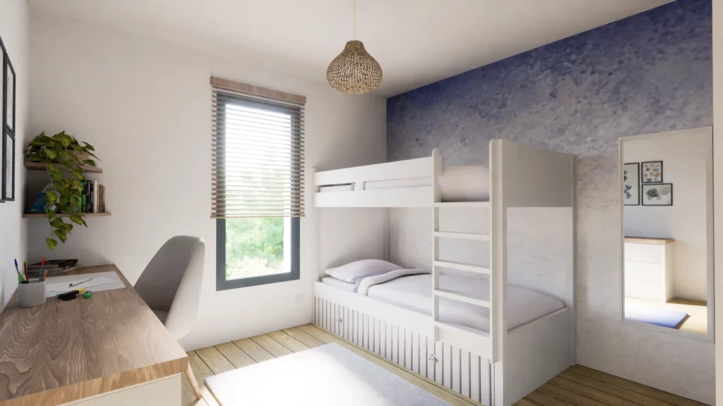 Chambre d'enfants moderne et fonctionnelle avec lits superposés, bureau en bois naturel, et décoration douce et apaisante.