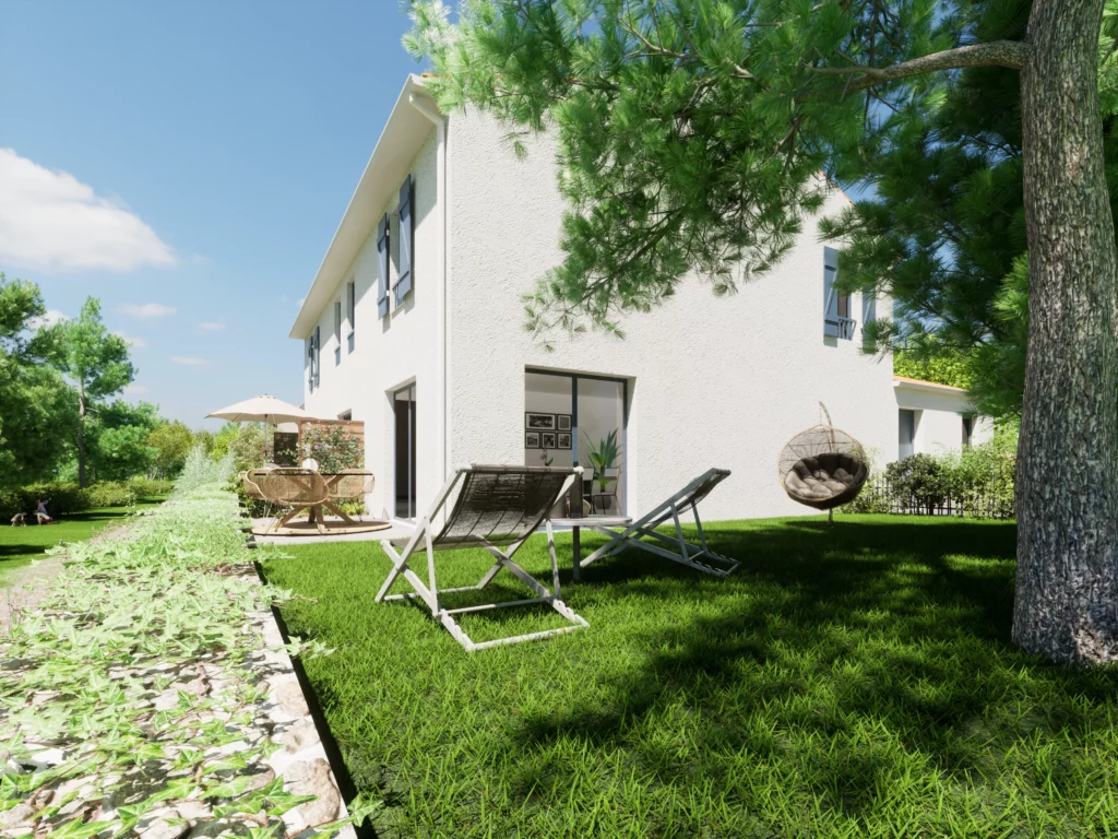 Jardin accueillant et paisible avec une terrasse ombragée, des transats et un fauteuil suspendu. Ambiance idéale pour se détendre en extérieur.