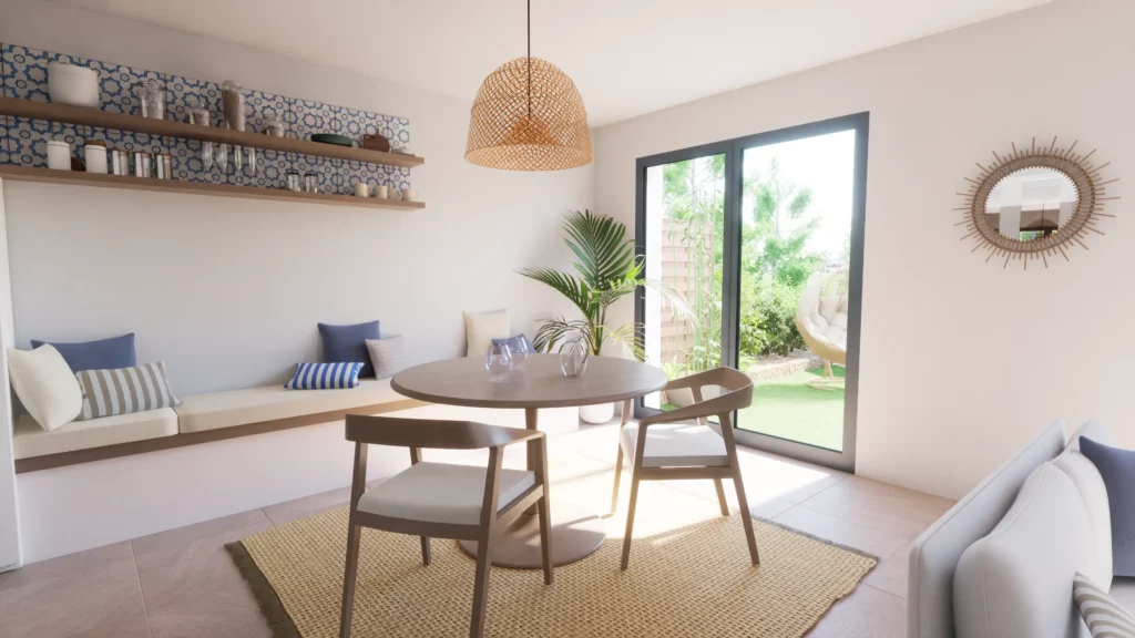 Salle à manger lumineuse avec banquette intégrée, décor de coussins aux tons doux, et étagère murale. Ambiance naturelle et cosy.