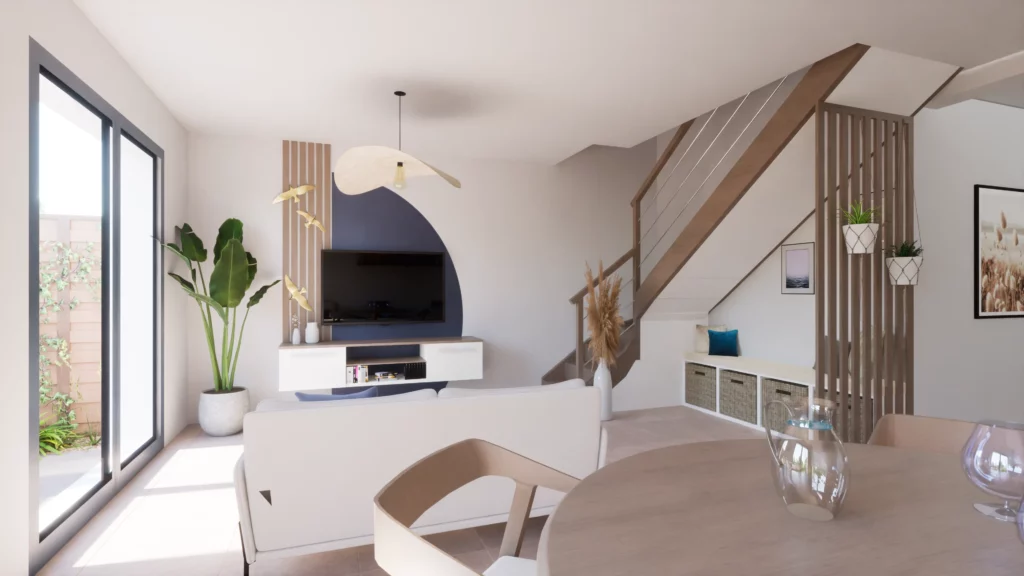 Salon lumineux avec mobilier moderne, séparation en bois, plantes décoratives et coin TV mural pour une ambiance épurée.