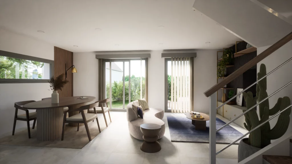 Salon contemporain avec grandes baies vitrées, mobilier design en bois et coin lecture intégré, donnant sur un jardin verdoyant.