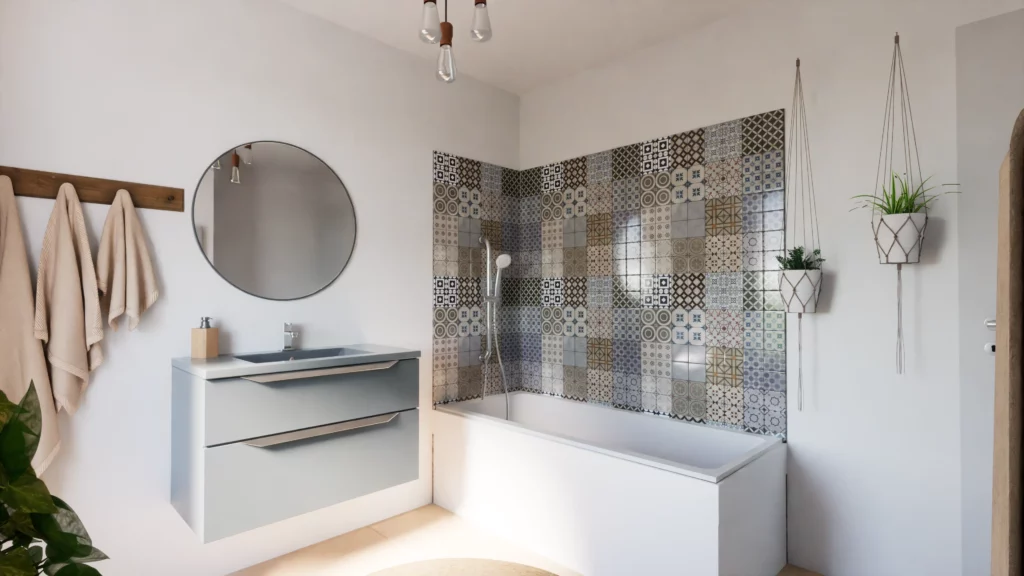 Salle de bain moderne avec carreaux de faïence décoratifs, lavabo suspendu et rangement intégré, ambiance épurée.