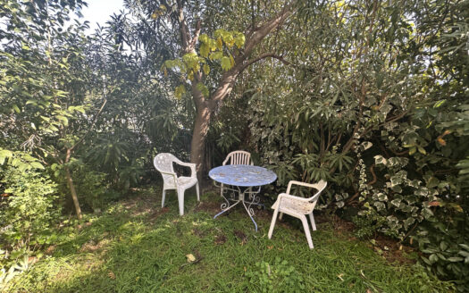 Jardin ombragé avec chaises blanches, table bleue, arbre et buissons environnants.