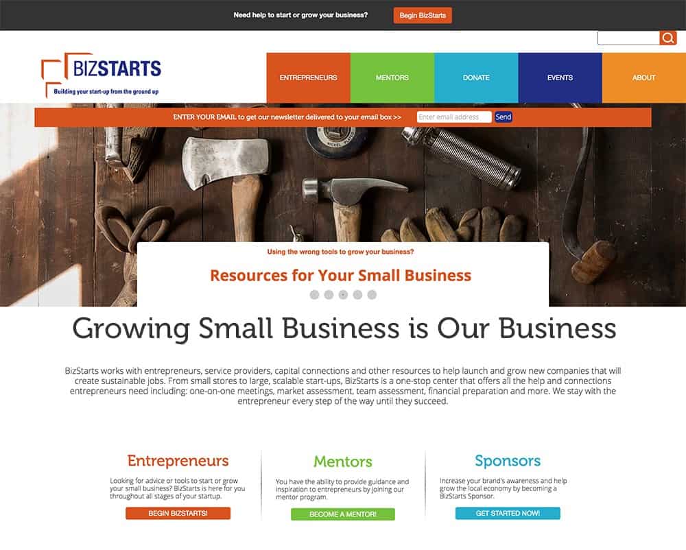 Home page for Biz Starts, an association for entrepreneurs.