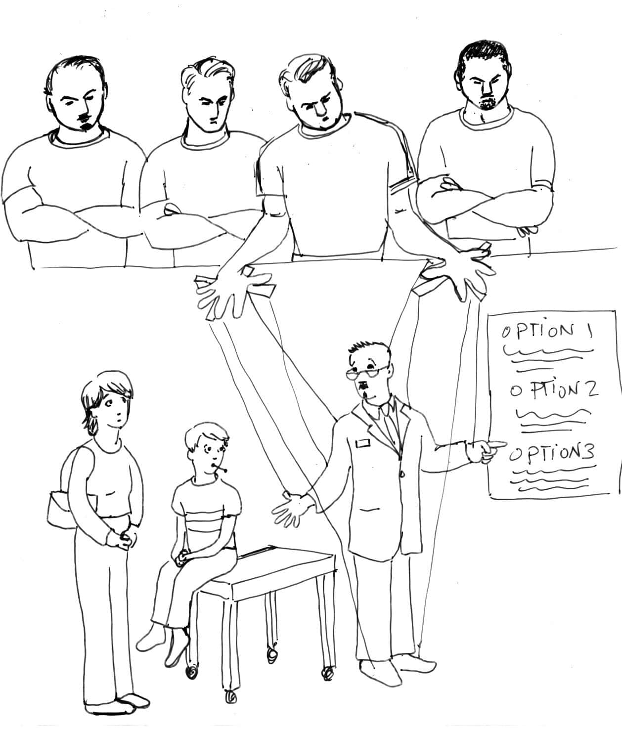 Illustration showing health insurers controlling a doctor as if he is a puppet.