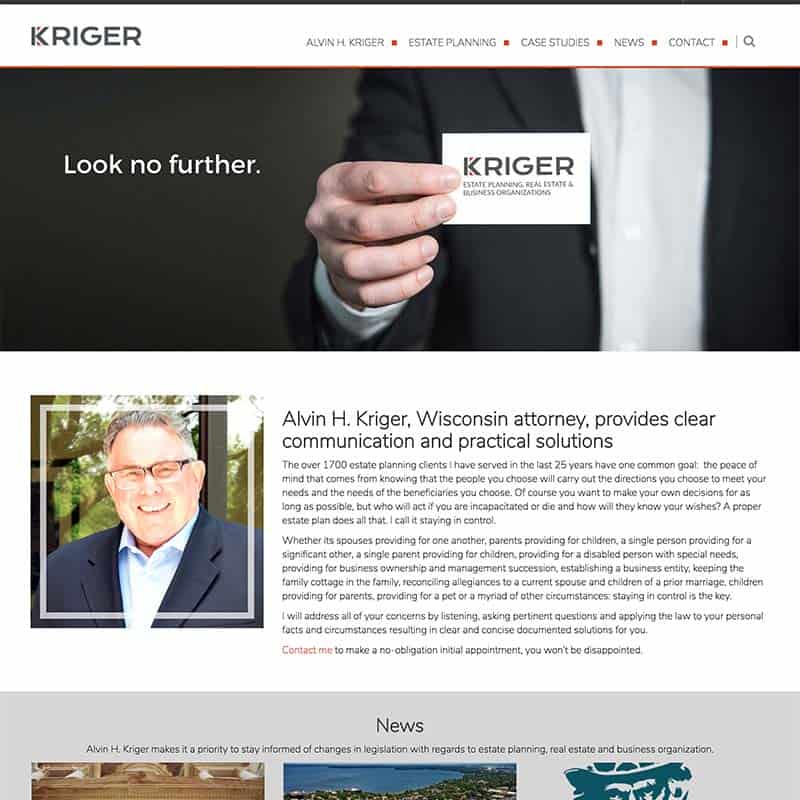 Home page design for Kriger Law.