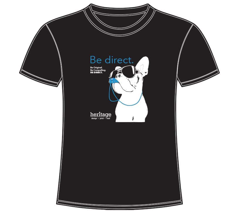 Tee shirt design with the title, Be Direct, and a french bulldog wearing sunglasses and blowing a whistle.