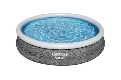 Rond opblaaszwembad met wateroppervlak en witte rand.