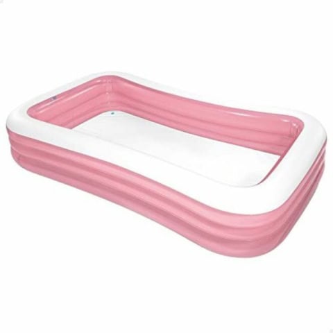 Roze opblaasbaar zwembad, rechthoekige vorm.